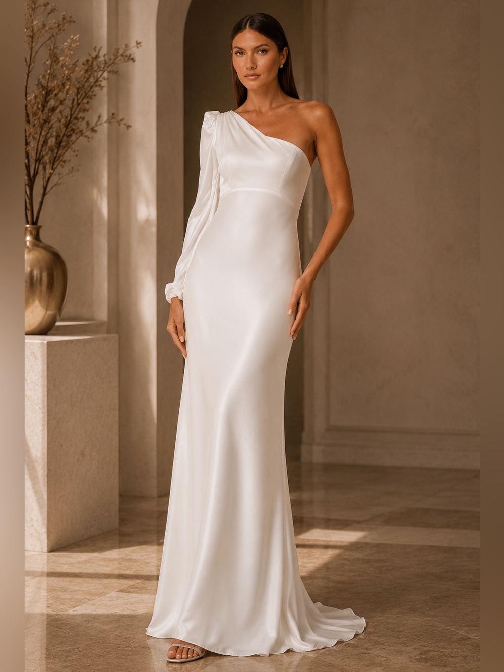 Mac Duggal One-Shoulder White Satin Gown with Long Sleeve